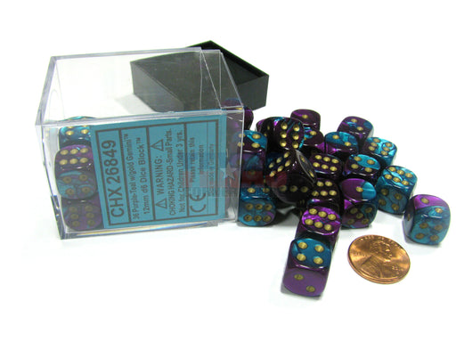 Gemini 12mm D6 Chessex Dice Block (36 Dice) - Purple-Teal with Gold Pips