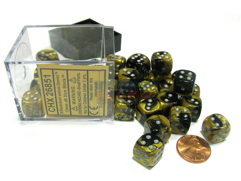 Gemini 12mm D6 Chessex Dice Block (36 Dice) - Black-Gold with Silver Pips