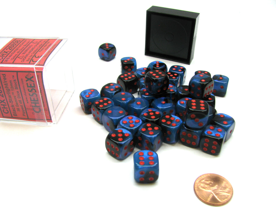 Gemini 12mm D6 Chessex Dice Block (36 Die) - Black-Starlight with Red Pips