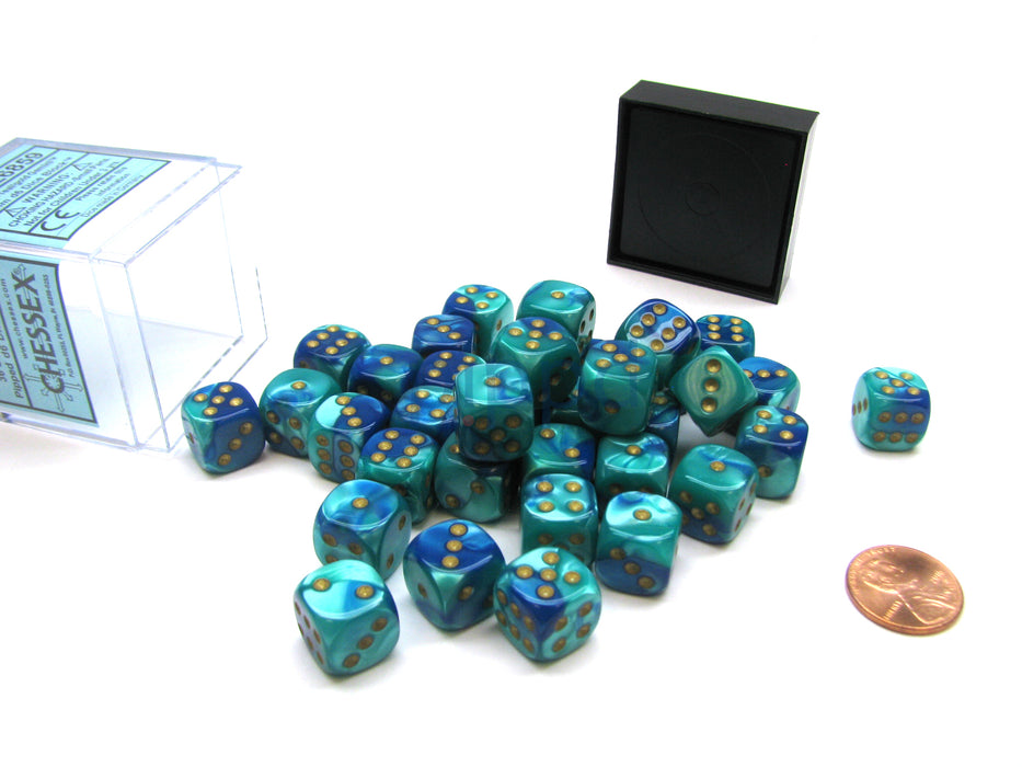 Gemini 12mm D6 Chessex Dice Block (36 Die) - Blue-Teal with Gold Pips