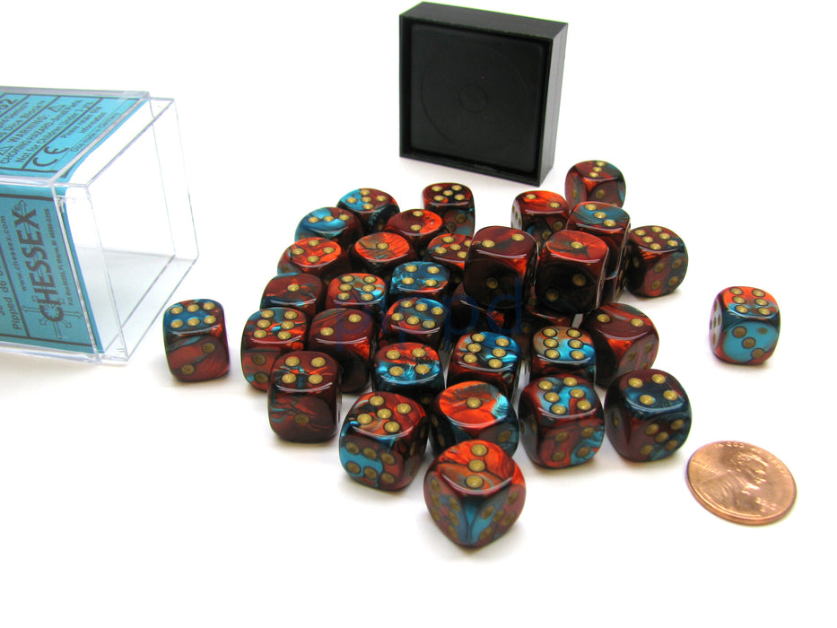 Gemini 12mm D6 Chessex Dice Block (36 Die) - Red-Teal with Gold Pips