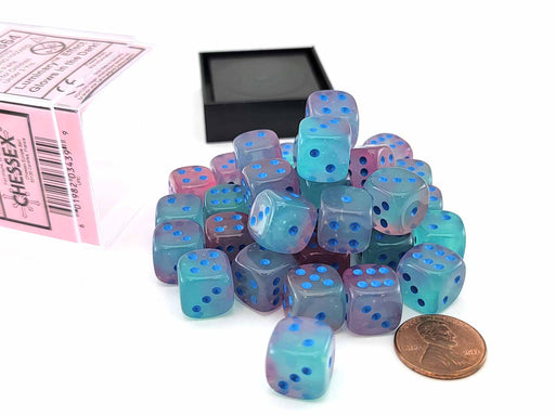 Luminary Gemini 12mm D6 Dice Block (36 Dice) - Gel Green-Pink with Blue Numbers