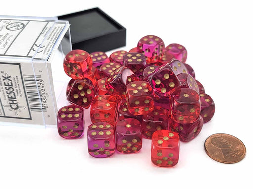 Gemini 12mm D6 Dice Block (36 Dice) - Translucent Red-Violet with Gold Numbers