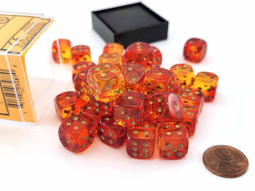 Gemini 12mm D6 Dice Block (36 Dice) - Translucent Red-Yellow with Gold Numbers