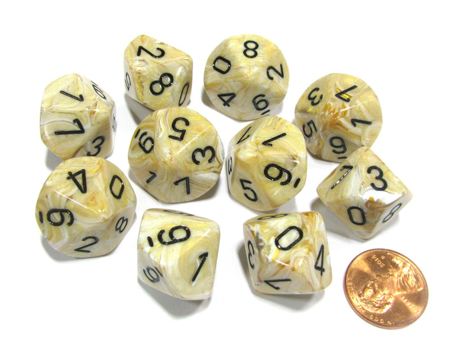 Set of 10 Chessex Marble D10 Dice - Ivory with Black Numbers