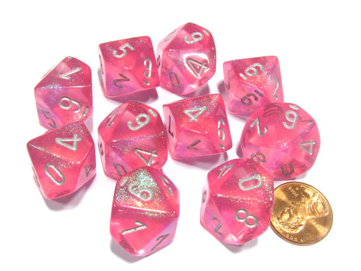 Set of 10 Chessex Borealis D10 Dice - Pink with Silver Numbers