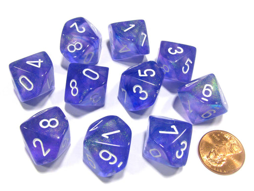 Set of 10 Chessex Borealis D10 Dice - Purple with White Numbers