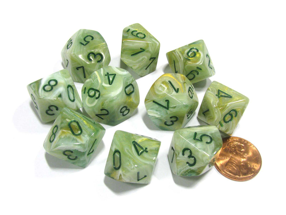 Set of 10 Chessex Marble D10 Dice - Green with Dark Green Numbers