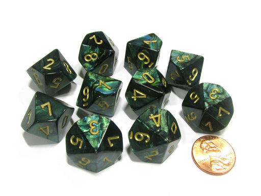 Set of 10 Chessex Scarab D10 Dice - Jade with Gold Numbers