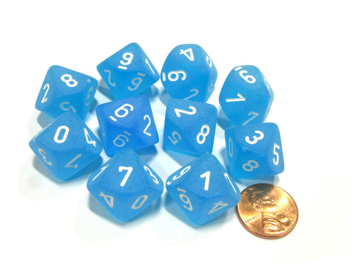 Set of 10 Chessex Frosted D10 Dice - Caribbean Blue with White Numbers