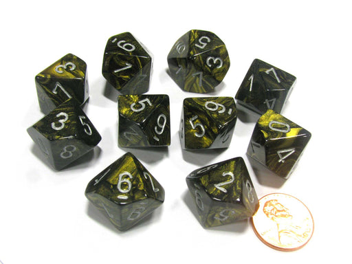 Set of 10 Chessex Leaf D10 Dice - Black Gold with Silver Numbers