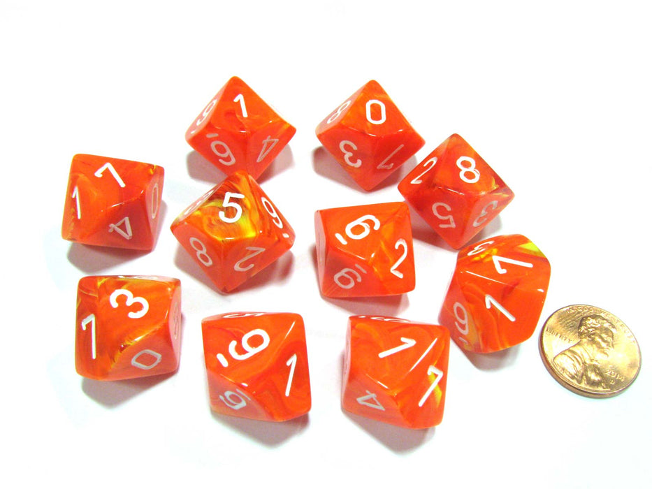 Set of 10 Chessex Vortex D10 Dice - Solar Orange with White Numbers