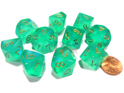 Set of 10 Chessex D10 Dice - Borealis #2 Light Green with Gold Numbers