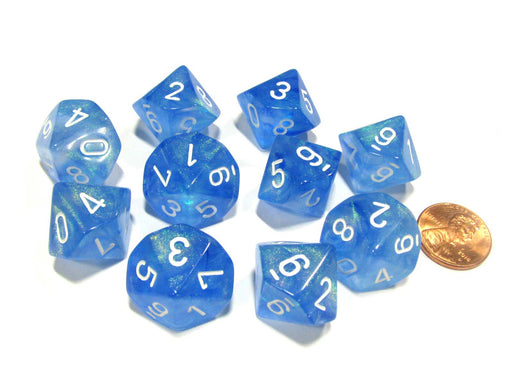 Set of 10 Chessex Borealis D10 Dice - Sky Blue with White Numbers