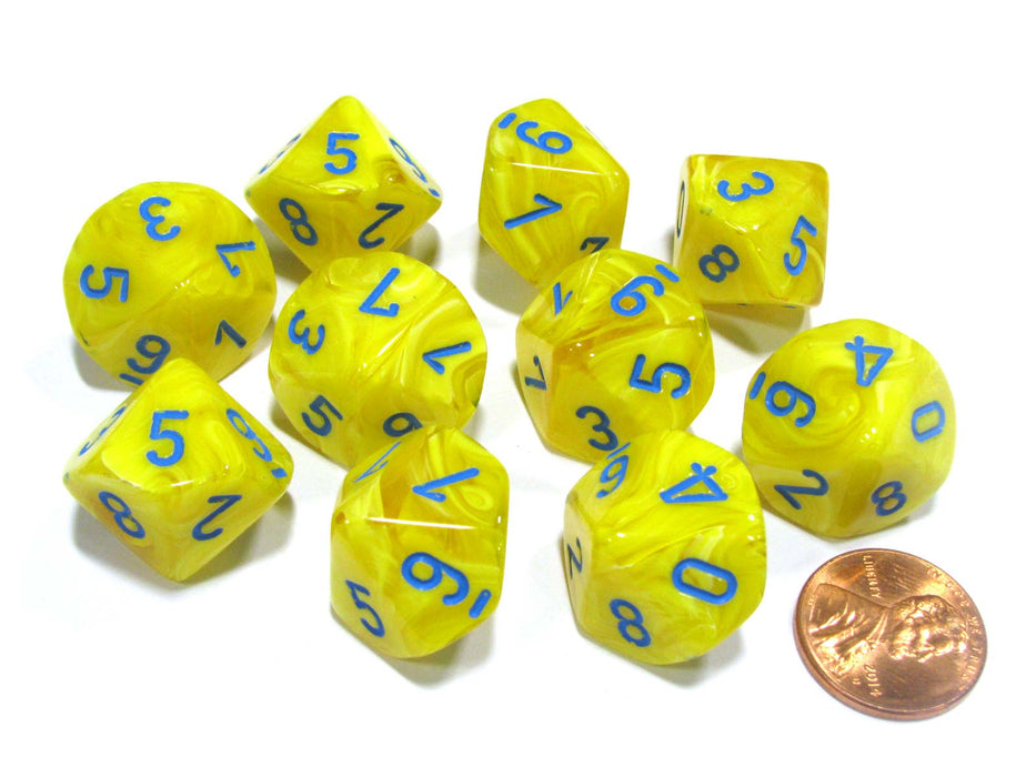 Set of 10 Chessex Vortex D10 Dice - Yellow with Blue Numbers