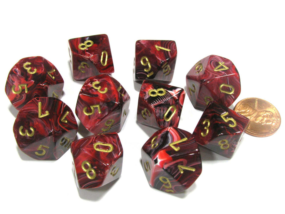 Set of 10 Chessex Vortex D10 Dice - Burgundy with Gold Numbers