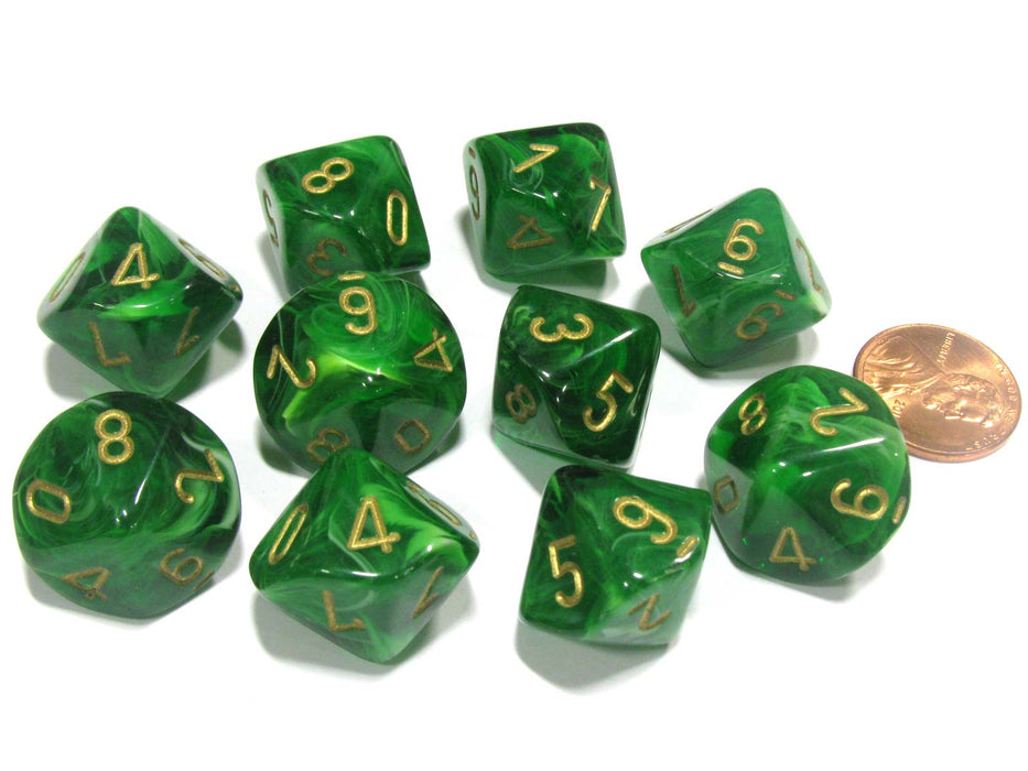 Set of 10 Chessex Vortex D10 Dice - Green with Gold Numbers