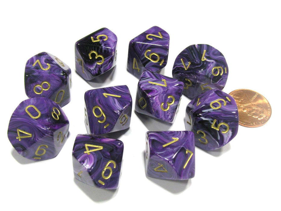 Set of 10 Chessex Vortex D10 Dice - Purple with Gold Numbers