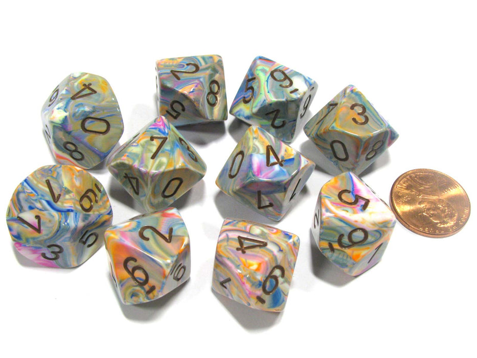 Set of 10 Chessex Festive D10 Dice - Vibrant with Brown Numbers