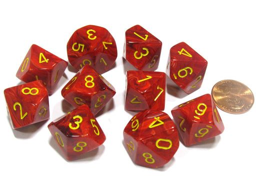 Set of 10 Chessex Vortex D10 Dice - Red with Yellow Numbers