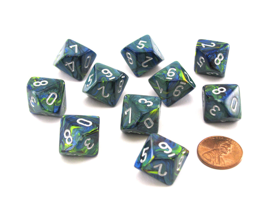 Set of 10 Chessex Festive D10 Dice - Green with Silver Numbers