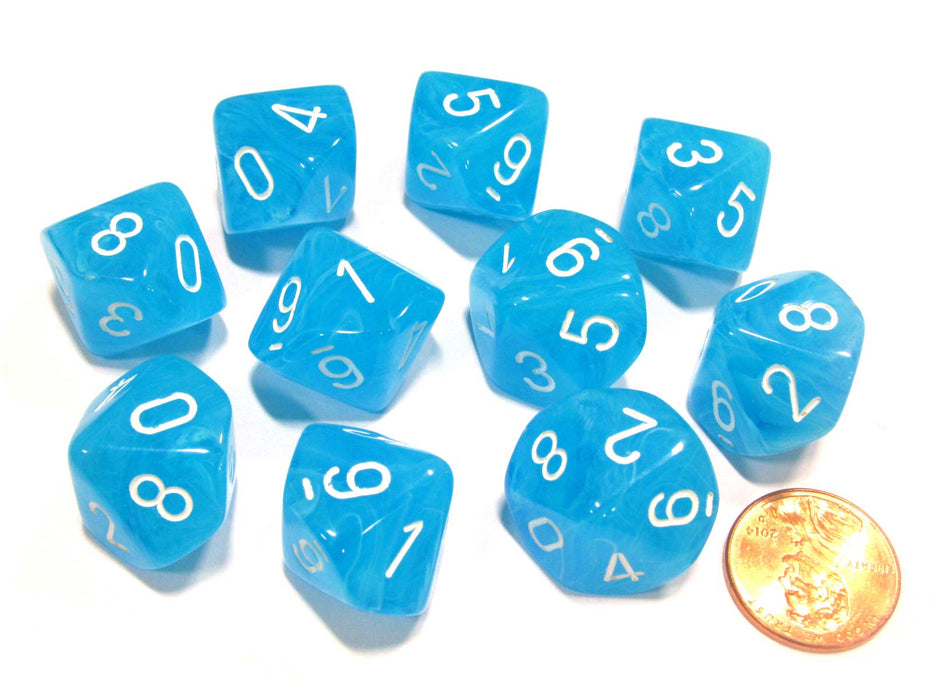 Set of 10 Chessex Cirrus D10 Dice - Light Blue with White Numbers