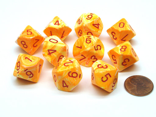 Pack of 10 Chessex Festive D10 Dice - Sunburst with Red Numbers