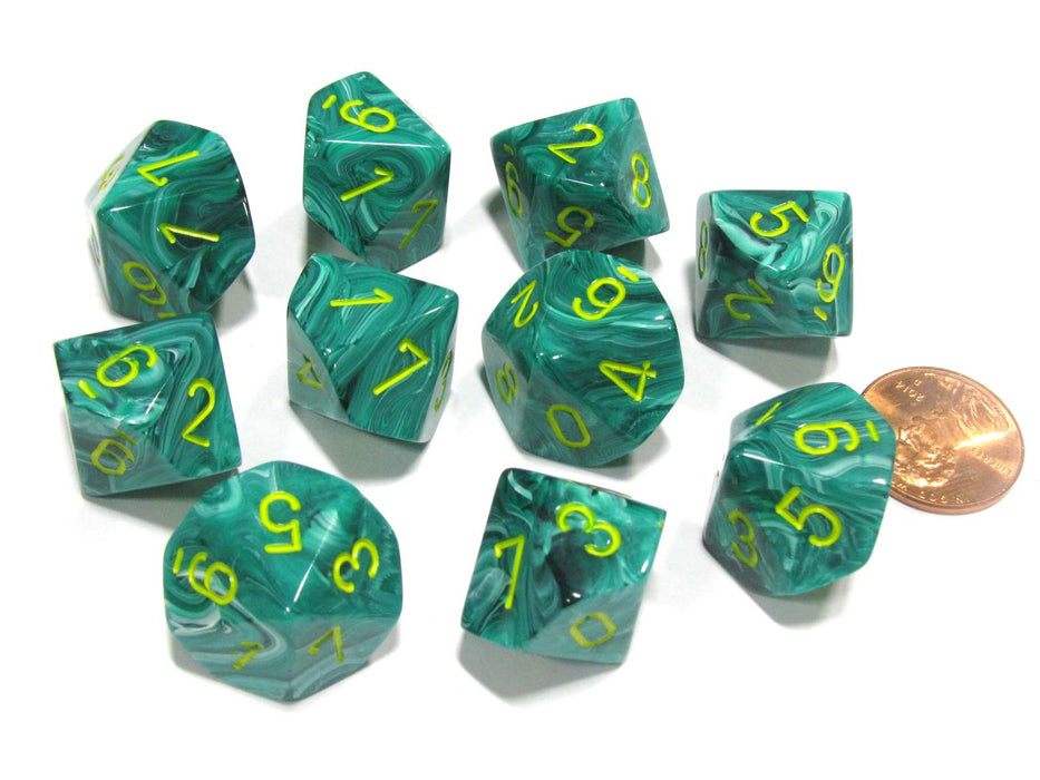 Set of 10 Chessex Vortex D10 Dice - Malachite Green with Yellow Numbers