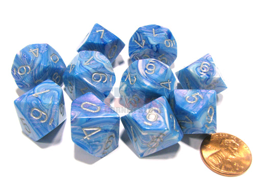 Set of 10 Chessex D10 Dice - Mother of Pearl Blue with Silver Numbers