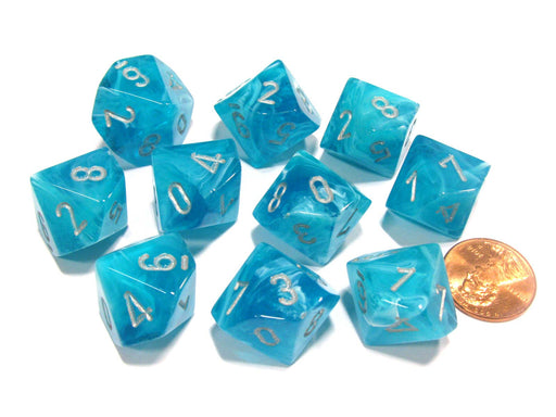 Set of 10 Chessex Cirrus D10 Dice - Aqua with Silver Numbers