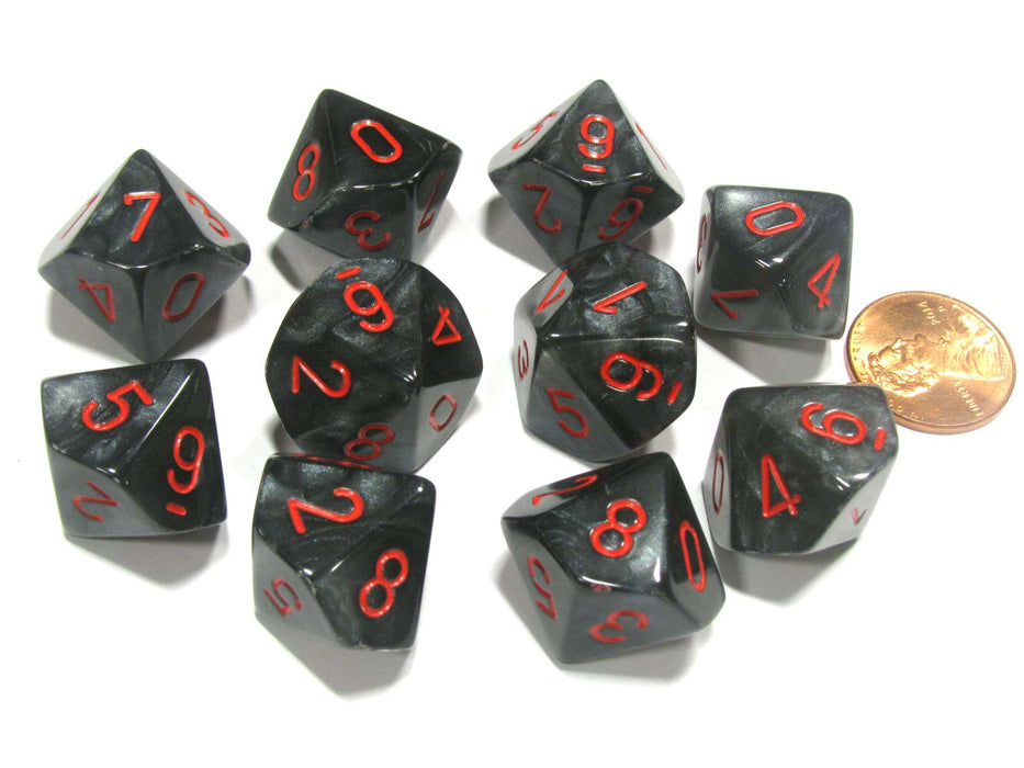 Set of 10 Chessex Velvet D10 Dice - Black with Red Numbers