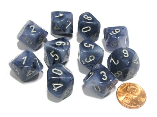 Set of 10 Chessex Phantom D10 Dice - Black with Silver Numbers