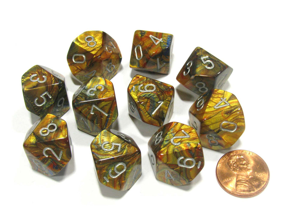 Set of 10 Chessex Lustrous D10 Dice - Gold with Silver Numbers