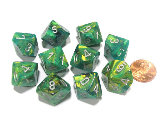 Set of 10 Chessex Lustrous D10 Dice - Green with Silver Numbers
