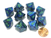 Set of 10 Chessex Lustrous D10 Dice - Dark Blue with Green Numbers