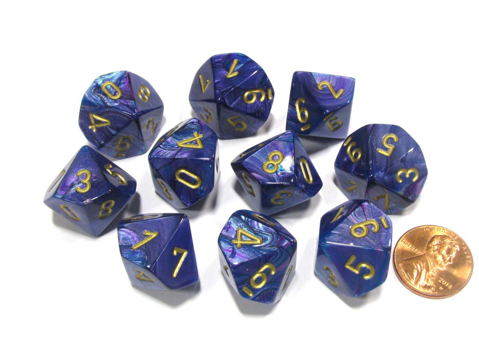 Set of 10 Chessex Lustrous D10 Dice - Purple with Gold Numbers