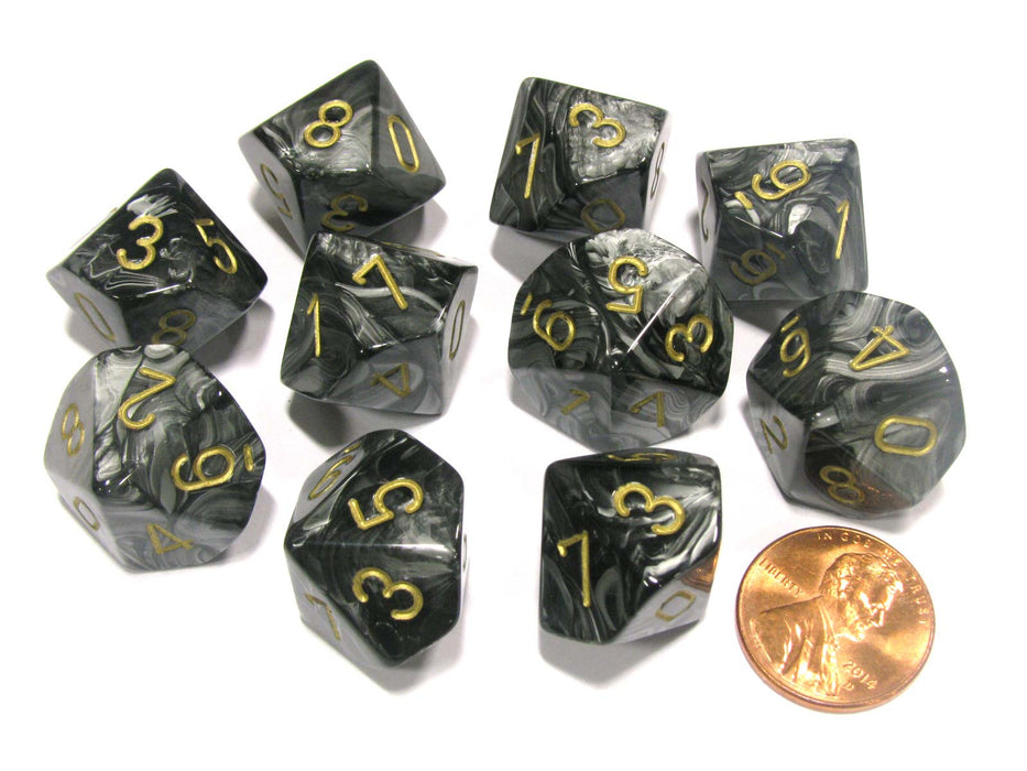Set of 10 Chessex Lustrous D10 Dice - Black with Gold Numbers