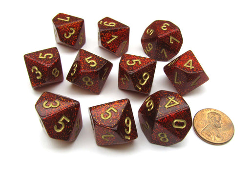Pack of 10 Chessex Glitter D10 Dice - Ruby Red with Gold Numbers