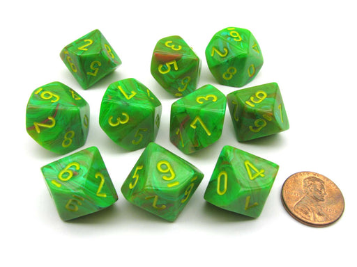 Pack of 10 Chessex Vortex D10 Dice - Slime with Yellow Numbers