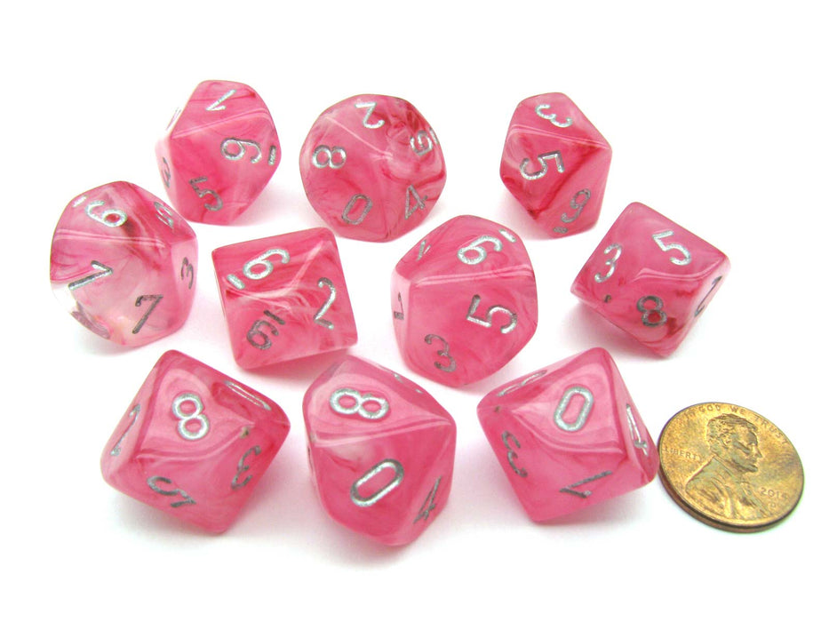 Pack of 10 Chessex Ghostly Glow D10 Dice - Pink with Silver Numbers
