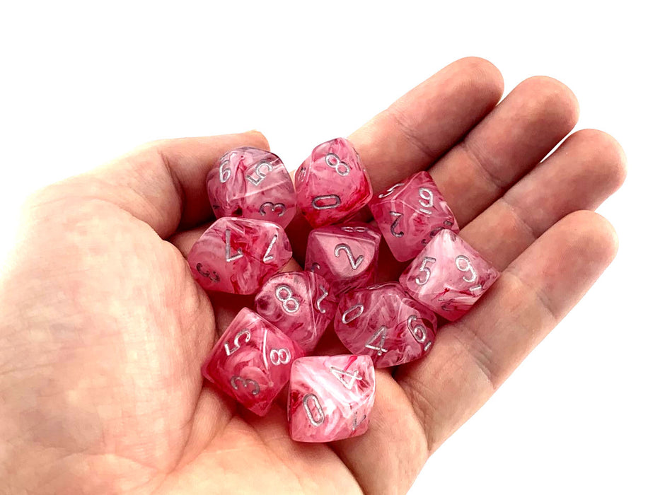 Pack of 10 Chessex Ghostly Glow D10 Dice - Pink with Silver Numbers