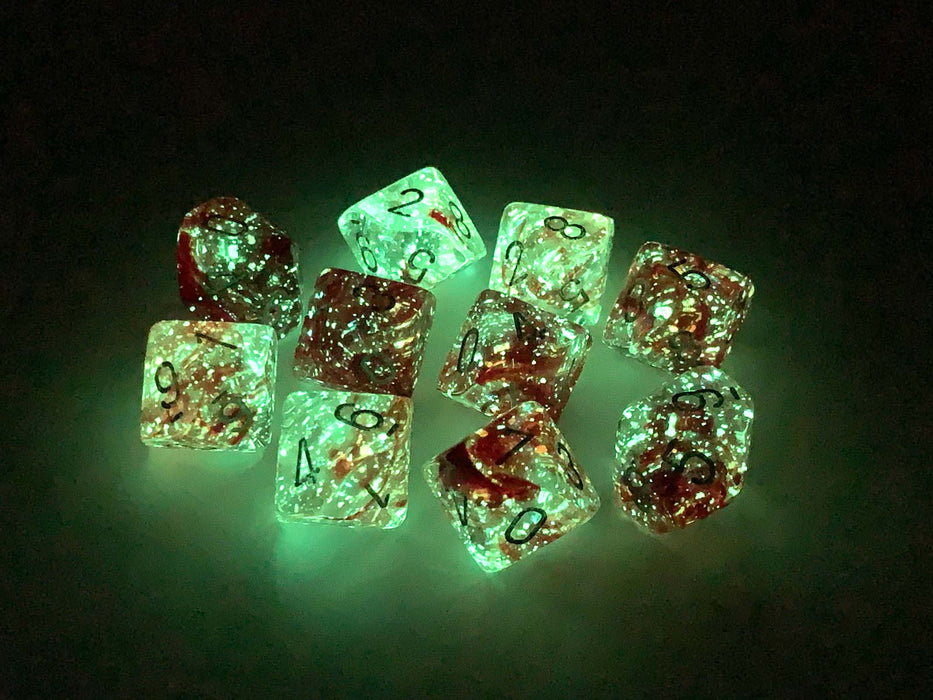 Set of Ten D10s Nebula Dice Set with Luminary - Red with Silver Numbers