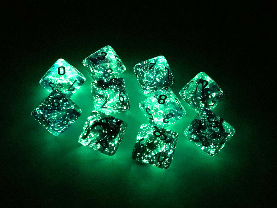 Set of Ten D10s Nebula Dice Set with Luminary - Nocturnal with Blue Numbers