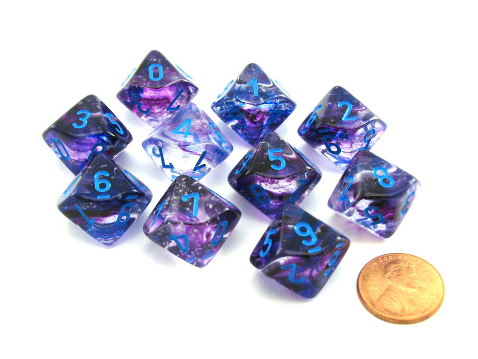 Set of Ten D10s Nebula Dice Set with Luminary - Nocturnal with Blue Numbers