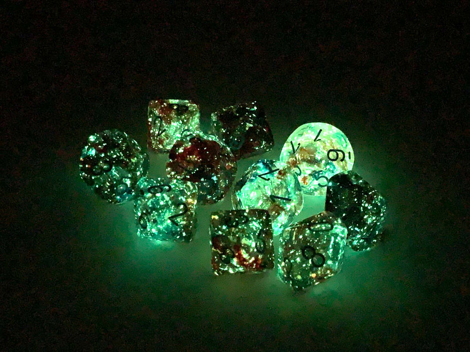 Set of Ten D10s Nebula Dice Set with Luminary - Primary with Blue Numbers