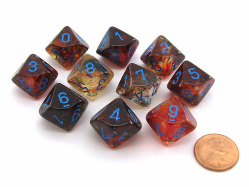 Set of Ten D10s Nebula Dice Set with Luminary - Primary with Blue Numbers