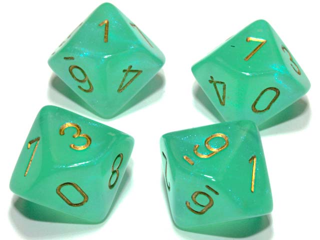 Pack of 10 Luminary Borealis 16mm D10 Dice - Light Green with Gold Numbers