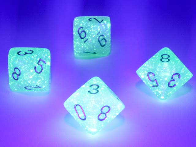Pack of 10 Luminary Borealis 16mm D10 Dice - Light Green with Gold Numbers