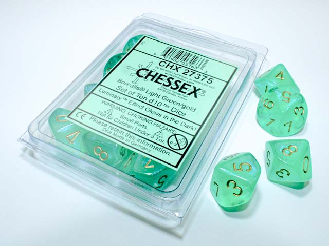 Pack of 10 Luminary Borealis 16mm D10 Dice - Light Green with Gold Numbers