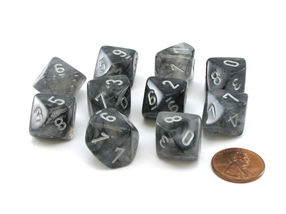 Pack of 10 Luminary Borealis 16mm D10 Dice - Light Smoke with Silver Numbers